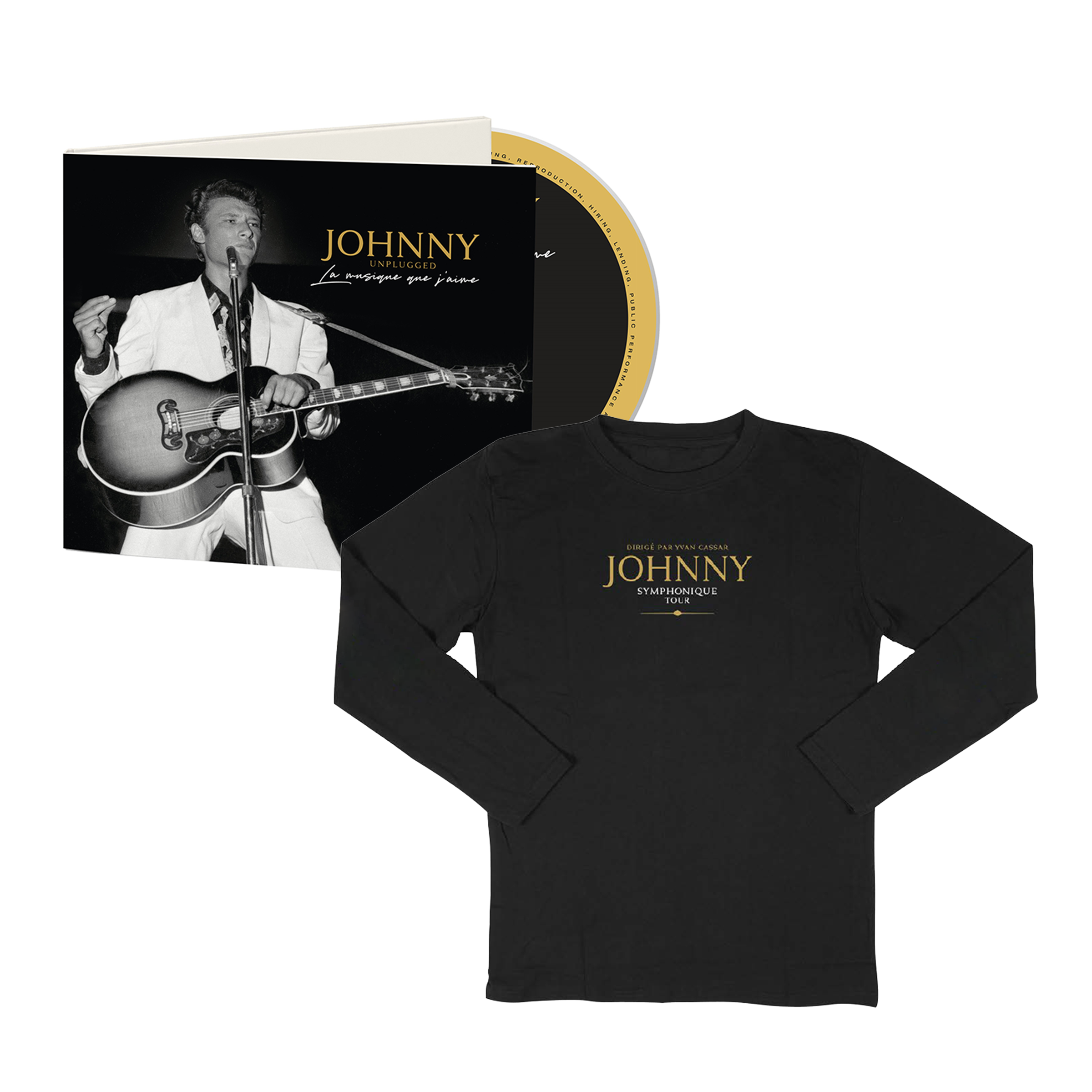 PACK JOHNNY HALLYDAY - LA MUSIQUE QUE J'AIME - CD Dédicacé par Yvan Cassar + T-Shirt manches longues Johnny Symphonique