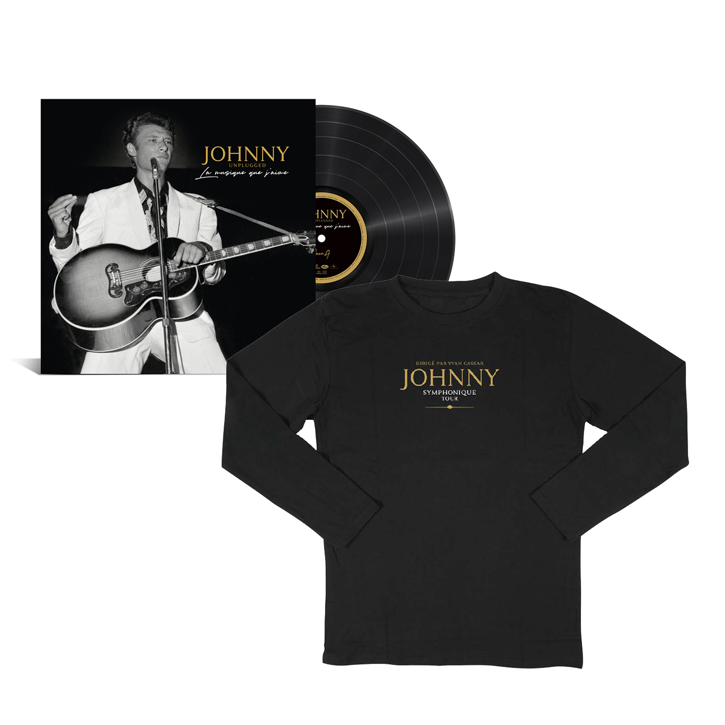 PACK JOHNNY HALLYDAY - LA MUSIQUE QUE J'AIME - Vinyle Dédicacé par Yvan Cassar + T-Shirt manches longues Johnny Symphonique